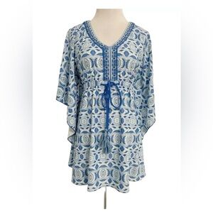 Cabana Life Blue & White Dolman Batwing Sleeve Swim Dress size S